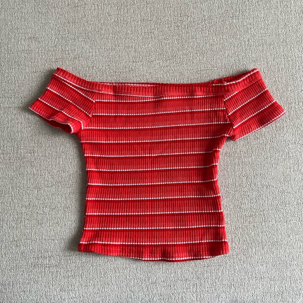 Striped Ribbed Off the Shoulder Crop Top